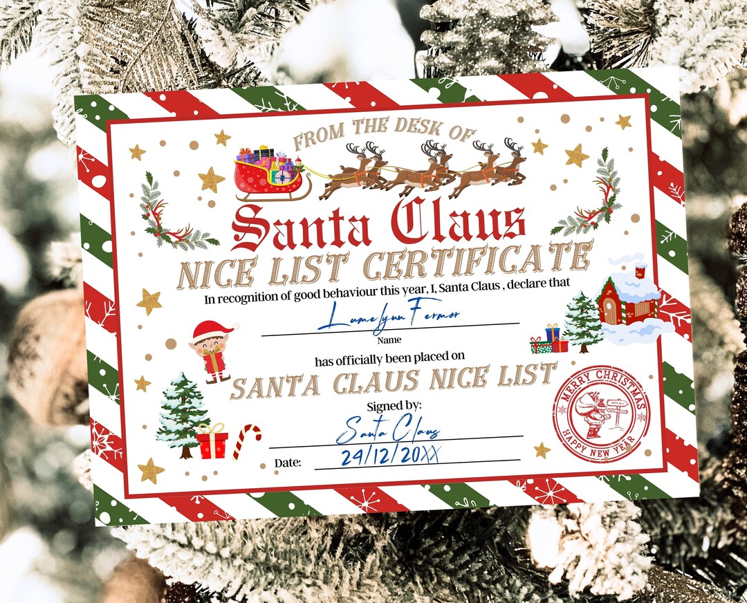 Santa Clause Nice List Certificate Template, Official North Pole Nice ...