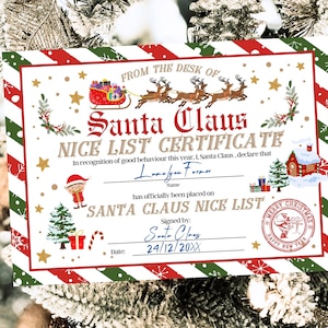 Modello di certificato di lista dei buoni di Babbo Natale, certificato ufficiale di buona volontà del Polo Nord, lettera di Babbo Natale, lista dei buoni stampabile, certificato di lista dei buoni