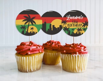 Toppers editables de cupcakes de cumpleaños de reggae, 1er cumpleaños de reggae, decoración de cumpleaños temática jamaicana, toppers de cupcakes temáticos de Reggae Island