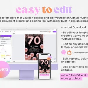 May include: A digital mockup of a 70th birthday invitation template on a computer screen and a smartphone. The invitation features a black background with rose gold foil accents and the number 70 in large, bold font. The text "Lilly Jennen's 70th Birthday" is also included. The invitation is designed to be edited on Canva, a free online design platform.