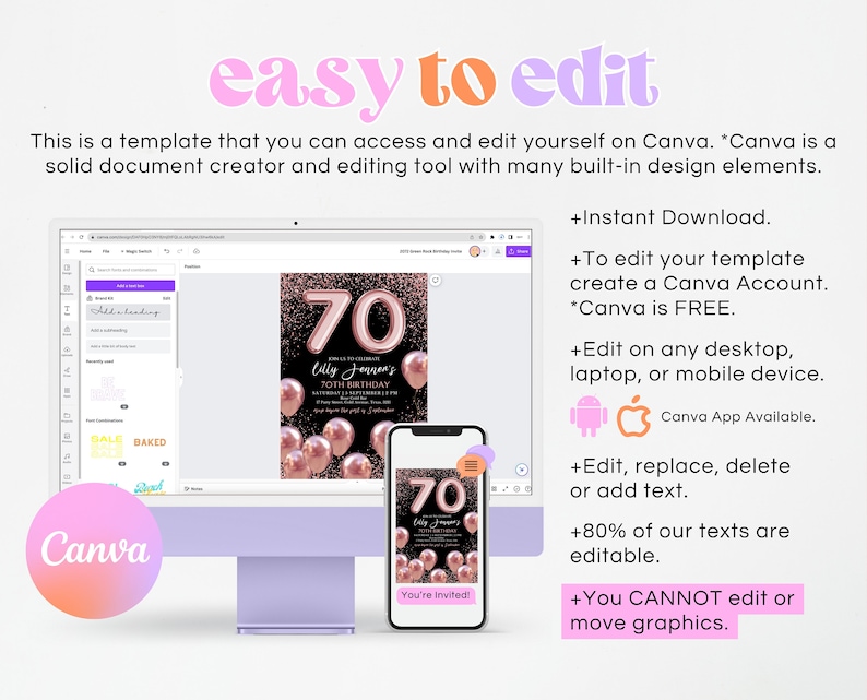May include: A digital mockup of a 70th birthday invitation template on a computer screen and a smartphone. The invitation features a black background with rose gold foil accents and the number 70 in large, bold font. The text "Lilly Jennen's 70th Birthday" is also included. The invitation is designed to be edited on Canva, a free online design platform.