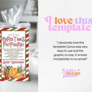 May include: A red and green striped printable tag with the text "Stove Top Christmas Potpourri" and instructions for making a Christmas potpourri. The tag features a festive illustration of oranges, cinnamon sticks, and star anise.