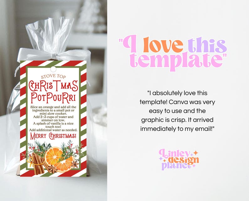 May include: A red and green striped printable tag with the text "Stove Top Christmas Potpourri" and instructions for making a Christmas potpourri. The tag features a festive illustration of oranges, cinnamon sticks, and star anise.