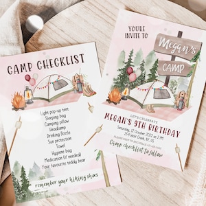 Editable Girl Camping Invitation, Camp Out Birthday Invite, Girl Camping Tent Invite, Girl Camp Checklist, Camping birthday invitation