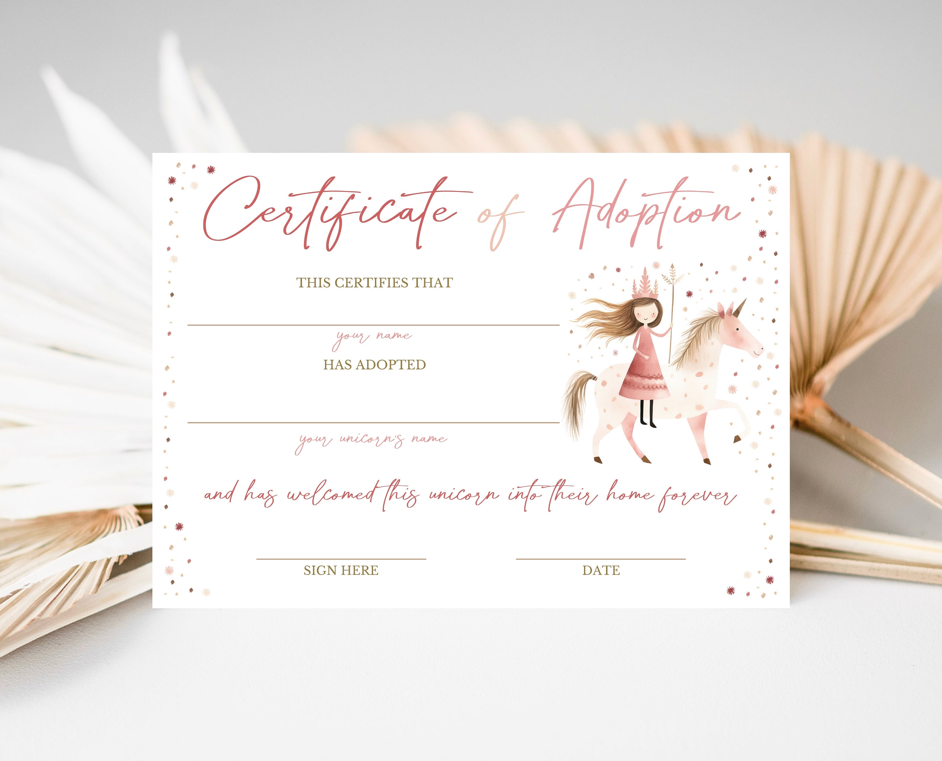 Princess Unicorn Adoption Certificate Boho Birthday, Unicorn Party ...
