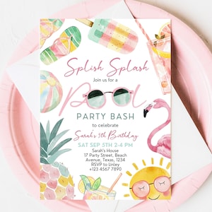 Editable Pool Party Invitation, Girl Pool Birthday Party, Pastel Invite, Summer Birthday Party, Swimming Party, Digital, Printable, BPBP01