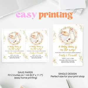 K&ouml;nnte beinhalten: Zwei druckbare Babyparty-Einladungen mit einem gold-wei&szlig;en Design, das eine Tasse Kaffee, eine Babyflasche und den Text "a baby bean is on the way!" zeigt. Die Einladungen sind f&uuml;r eine gemischte Babyparty zu Ehren von Emily & Ronald. Datum und Uhrzeit der Party sind als 20. September um 14:00 Uhr angegeben. Der Ort ist als Mieu's Cafe, 7 Party Street, Texas, 1234 angegeben. Die RSVP-Informationen sind als Emily +123456789 angegeben. Die Registrierungsinformationen sind als Baby Store Name angegeben.