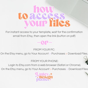Peut inclure: Un fond blanc avec un ordinateur portable, un crayon et un trombone. Le texte "how to access your files" est &eacute;crit en lettres roses et orange. Le texte ci-dessous explique comment acc&eacute;der aux fichiers num&eacute;riques achet&eacute;s sur Etsy.