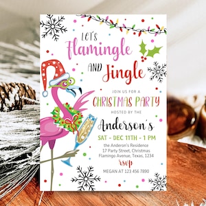 Invitación navideña editable con flamencos, invitación con jingles y flamencos, cumpleaños tropical navideño, invitación navideña, Navidad en julio