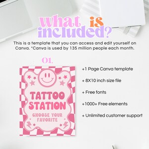 May include: A pink and white checkered design with a smiley face and the text "Tattoo Station" in a pink and white font. The text "Choose Your Favorite" is also included in a smaller font. The image is a Canva template for a tattoo station.