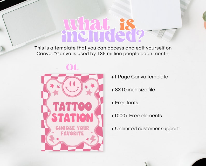 May include: A pink and white checkered design with a smiley face and the text "Tattoo Station" in a pink and white font. The text "Choose Your Favorite" is also included in a smaller font. The image is a Canva template for a tattoo station.