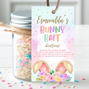 Bearbeitbares Osterhasen-Köderetikett, rosafarbenes Häschen-Lebensmittel zum Ausdrucken, Osteraktivitäten für Kinder, Osterhasen-Köderkarte, Osterhasen-Köderkarte