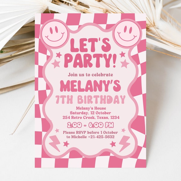 Editable Retro Smiley Birthday Invitation, Preppy Smile Theme Invite Template, Pink Checkered Birthday Invite, Teen Girl Invite, Wavy Invite