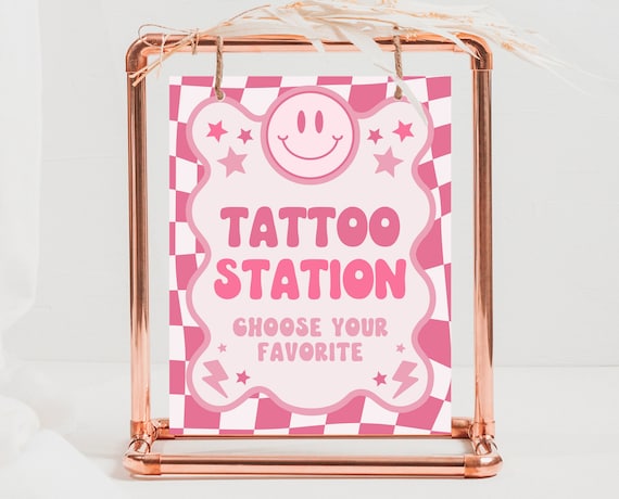 Tattoo Station Sign Retro Smiley Birthday, Preppy Smile Theme Sign Template, Pink Checkered Birthday, Teen Girl Party, Wavy Retro Sign