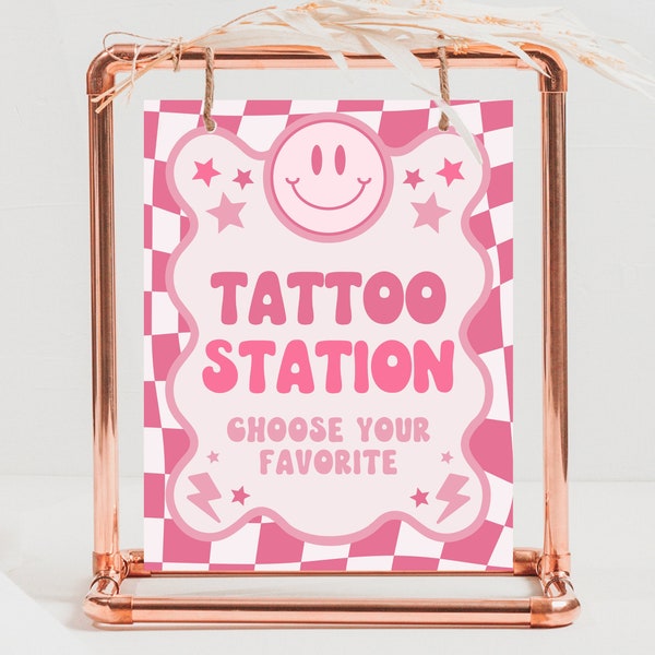 Tattoo Station Sign Retro Smiley Birthday, Preppy Smile Theme Sign Template, Pink Checkered Birthday, Teen Girl Party, Wavy Retro Sign