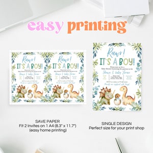 K&ouml;nnte beinhalten: Zwei druckbare Babyparty-Einladungen mit Dinosaurier-Motiv. Die Einladungen sind blau, gr&uuml;n und braun mit dem Text "Rawr! Es ist ein Junge!" und einer niedlichen Dinosaurier-Illustration.