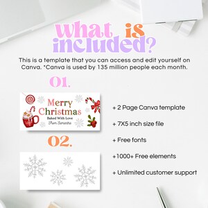 May include: A white background with the text "What is included?" in pink and orange. The image includes a Christmas-themed template with the text "Merry Christmas" and a 7x5 inch file size.