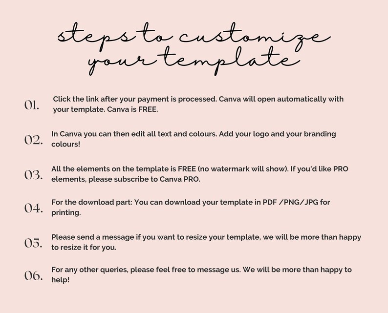 Puede incluir: Una lista de pasos sobre un fondo rosa que explica c&oacute;mo personalizar una plantilla usando Canva. Los pasos incluyen hacer clic en un enlace despu&eacute;s del pago, editar el texto y los colores, agregar un logotipo y descargar la plantilla en formato PDF, PNG o JPG.