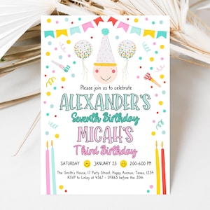 Editable Sibling Birthday Party Invitation, Brother And Sister Birthday Invite, Printable Twins Invite, Instant Download, Pink, Blue, DBP01