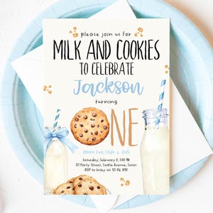 Editable Milk And Cookies Birthday Invitation, Milk And Cookies First Birthday, Printable Boy First Birthday Invite, Blue Invite, BBP03