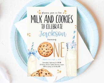 May include: A blue and white invitation for a "Milk and Cookies" party to celebrate Jackson turning one. The invitation features a cartoon illustration of a glass of milk, cookies, and a straw.