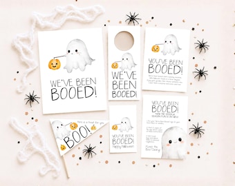Utskrivbart kit med "You've Been Booed", redigerbart Halloween-tecken, instruktioner för grannspel, dörrhängare och godisetikett