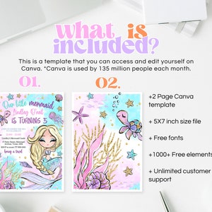 Pode incluir: Um modelo de convite imprim&iacute;vel para uma festa de anivers&aacute;rio com tema de sereia. O convite apresenta uma sereia de desenho animado com cabelo longo e loiro e uma cauda rosa e azul. O texto do convite diz "Nossa pequena sereia Lindley O'Neil est&aacute; fazendo 3 anos".