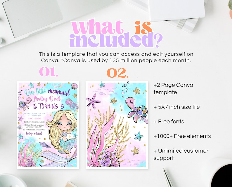 Pode incluir: Um modelo de convite imprim&iacute;vel para uma festa de anivers&aacute;rio com tema de sereia. O convite apresenta uma sereia de desenho animado com cabelo longo e loiro e uma cauda rosa e azul. O texto do convite diz "Nossa pequena sereia Lindley O'Neil est&aacute; fazendo 3 anos".