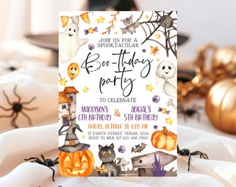 Editable Halloween Joint Birthday Invitation, Spooky Halloween Twin Birthday Party Invite, Halloween Brother And Sister Birthday Invitation