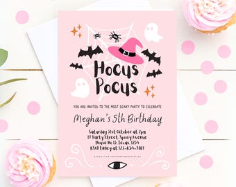 Pink Hocus Pocus Halloween Birthday Invitation Girl Witch Party Editable Spooky Cute Halloween Birthday Invite Printable Digital Download