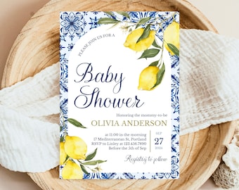 Editable Mediterranean Lemon Baby Shower Invitation, Blue Tiles Invitation, Italy Baby Shower Theme, Navy Lemon Baby Shower Invite, MLBS01