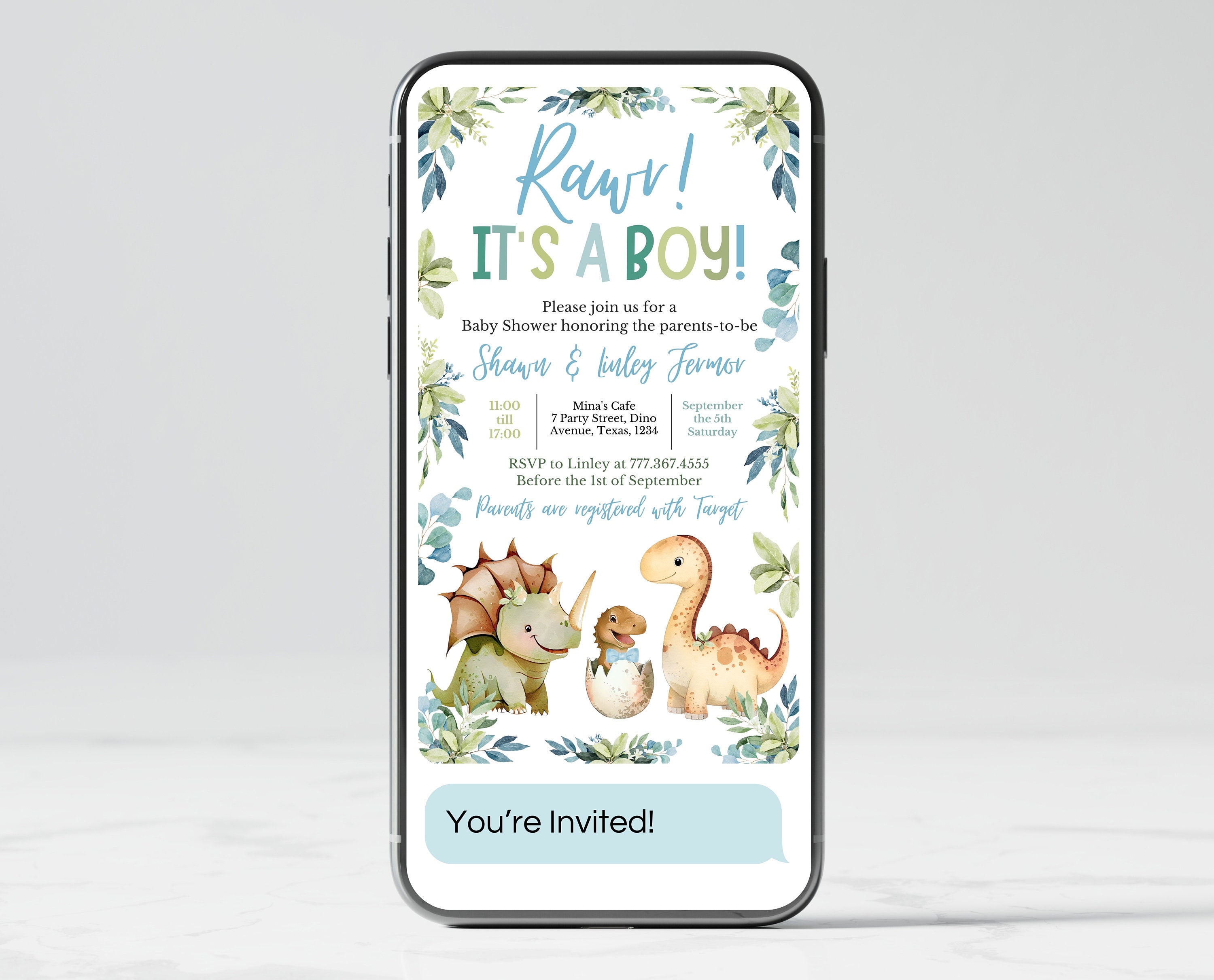 Editable Dinosaur Baby Shower Mobile Invitation, Blue Dinosaur Baby Shower Invite, Boy Dinosaur Baby Shower Invite, Blue Floral Dinosaur