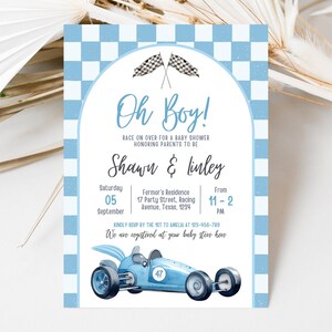 Bearbeitbar Rennwagen-Babypartyeinladung, Vintage Rennwagen-Babyparty einladen, blaue Rennwagen-Dusche einladen, Jungen-Babyparty, RCBS01