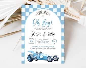 Bearbeitbar Rennwagen-Babypartyeinladung, Vintage Rennwagen-Babyparty einladen, blaue Rennwagen-Dusche einladen, Jungen-Babyparty, RCBS01