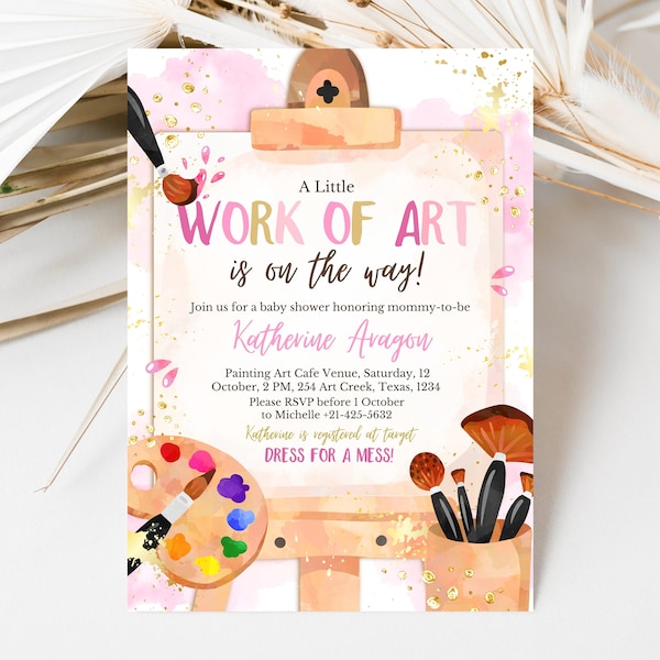 Editable Art Baby Shower Invitation, Girl Paint Invites, Pink And Gold Painting Theme, Artist Brushes Baby Shower, Easel Baby Shower Invite