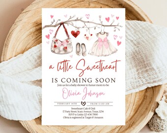 May include: A pink and white baby shower invitation featuring a watercolour illustration of a baby dress, a purse, and a branch with pink hearts. The text reads "a little Sweetheart is coming soon" and includes the date, time, and location of the event.