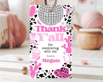 Editable Disco Cowgirl Birthday Favor Tag, Pink Rodeo Party (Digital Download)