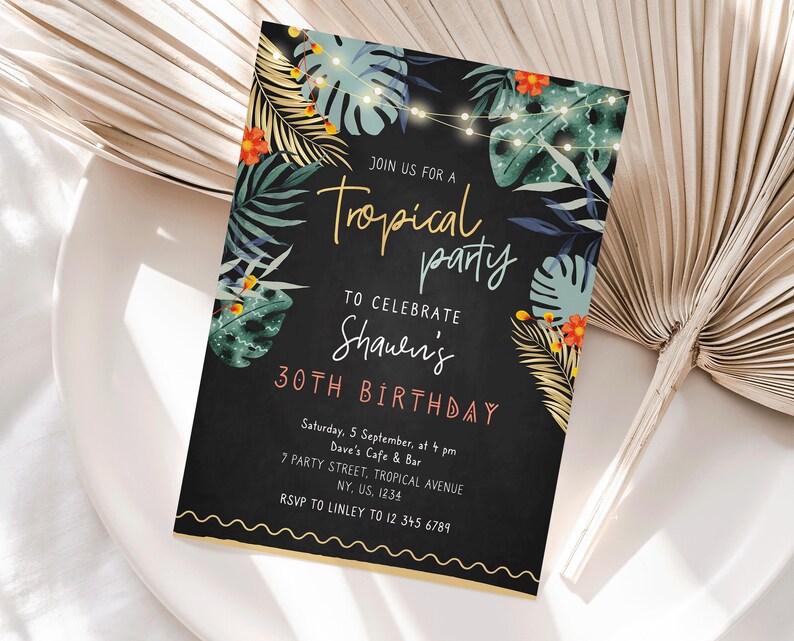 Editable Adult Tropical Birthday Invitation Tropical Party Havana Hawaii Invitation Printable Template