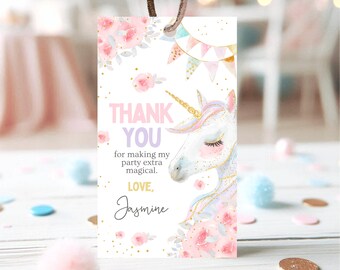 Floral Unicorn Birthday Favor Tag: Editable Thank You (Instant Download)