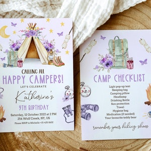 Editable Girl Camp Party Invitation, Camp Out Birthday Party, Sleepover Girl Camping Party Invite Printable Template