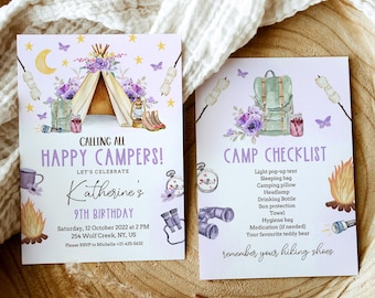 May include: A purple and white invitation for a 9th birthday party with a camping theme. The invitation features a watercolor illustration of a tent, a campfire, and a compass. The text on the invitation reads "Calling all Happy Campers! Let's celebrate Katherine's 9th Birthday. Saturday, 12 October 2022 at 2 PM, 254 Wolf Creek, NY, US. Please RSVP to Michelle +21-425-5632".
