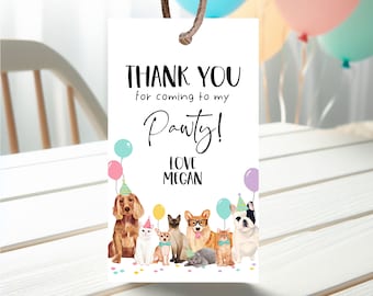 Editable Dog and Cat Birthday Party Thank You Favor Tags, Puppies Birthday Favor Tags, Printable Kitten Birthday Tags