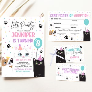 Editable Cat Birthday Invitation Bundle, Kitten Birthday Pack, Cat Birthday Invite Set, Let's Pawty Kitten Bundle, Kitten Birthday, KGBP01