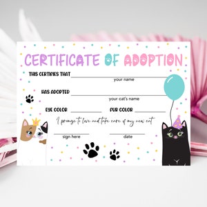 Cat Adoption Certificate, Editable Cat Adoption Car, Cat Birthday Party, Adopt A Cat, Pink Pawty Kitten Adoption, Instant Download, KGBP01