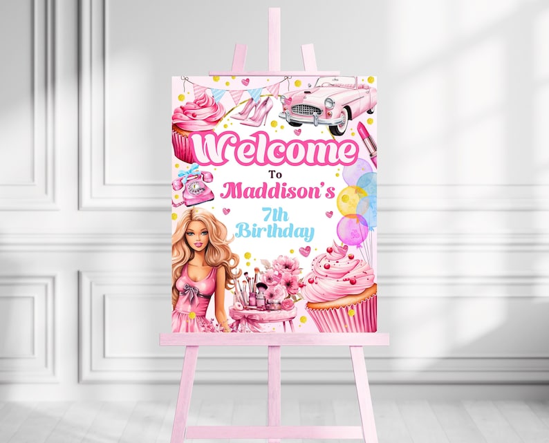 Editable Doll Glam Party Welcome Sign Template, Pink Doll Birthday Sign ...