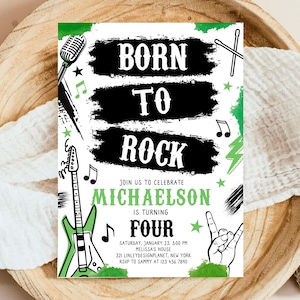 編集可能なBorn Two Rockの2歳の誕生日パーティー招待状、Boy Rock And Rollパーティー招待状、パンクロックの誕生日招待状、グリーンロックの招待状