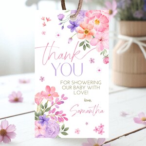 Editable Baby in Bloom Favor Tag, Wildflowers Baby Shower Favor Tag, Purple Pink Flower Tags, Wild Flower Tags, Floral Baby Brunch, GBS02