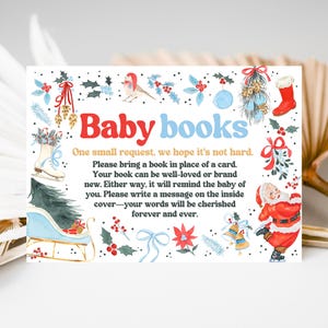 Carte intercalaire pour baby shower de Noël bleu, Carte de demande de livre pour baby shower, Shower de bébé de Noël, Livres de baby shower d'hiver pour bébé, CBS01