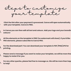May include: A list of steps on how to customize a template using Canva. The steps include clicking a link after payment, editing text and colors, adding a logo and branding, downloading the template in PDF, PNG, or JPG format, and resizing the template.