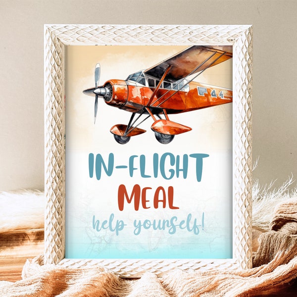 In-Flight Meal Sign Airplane Birthday, Airplane Birthday Party, Printable Airplane Birthday Party, Red Watercolor Airplane Birthday Sign